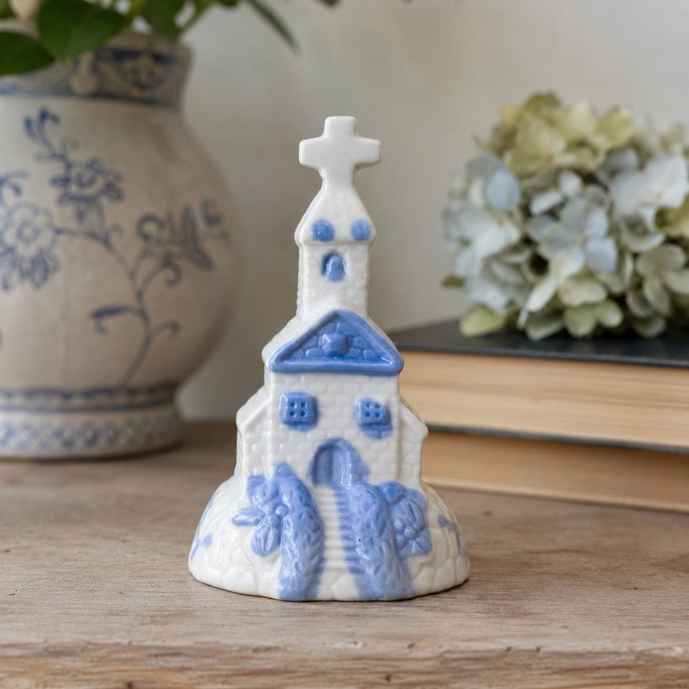 Vintage Blue White Porcelain Church Bell Figurine Delft Style Cottagecore